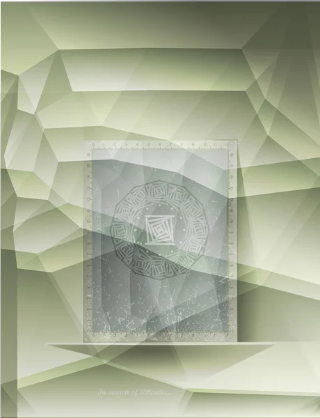 Πράσινο πολυγωνικό φόντο, ένα ράφι με ένα μυστικιστικό χάρτη με αριθμούς σε μαύρο πανό με αρχαίο σύμβολο. Κείμενο σε αναζήτηση της Ατλαντίς, — Διανυσματικό Αρχείο