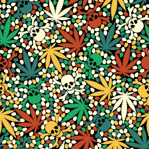 Декоративный бесшовный рисунок с листьями марихуаны и черепами — стоковый вектор