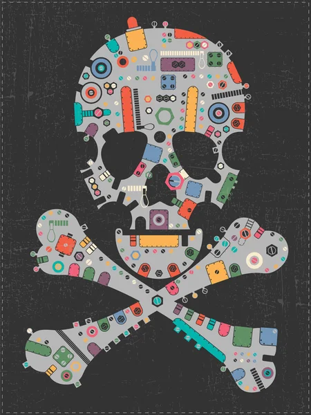 Cranio punk a vapore grigio con elementi colorati su sfondo nero grunge. illustrazione vettoriale — Vettoriale Stock
