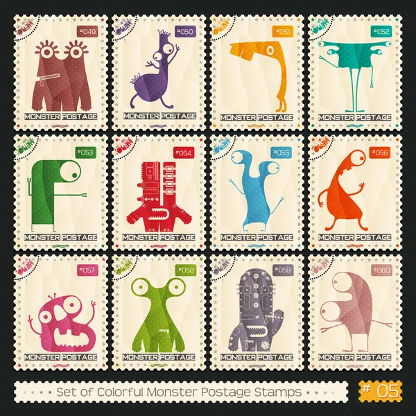 Timbres avec des monstres de couleurs drôles — Image vectorielle