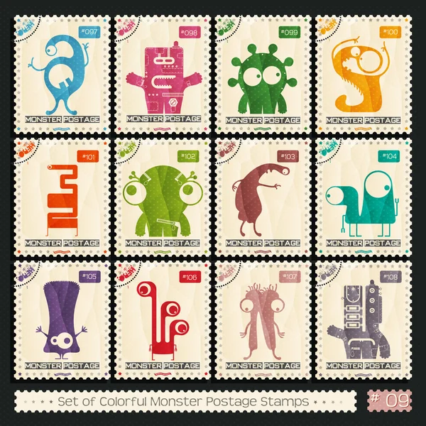 Timbres avec des monstres de couleurs drôles — Image vectorielle