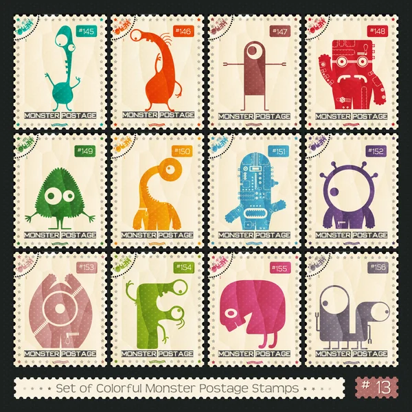 Stamps with funny color monsters — Stock Vector