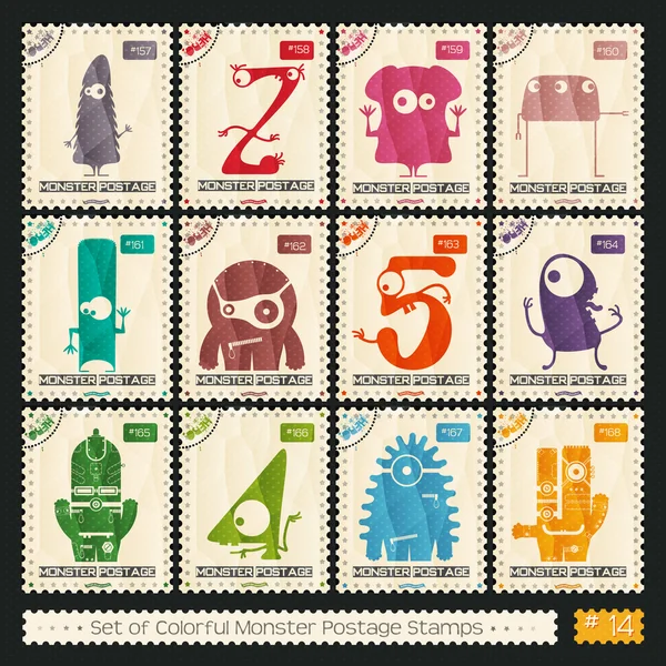 Timbres avec des monstres de couleurs drôles — Image vectorielle