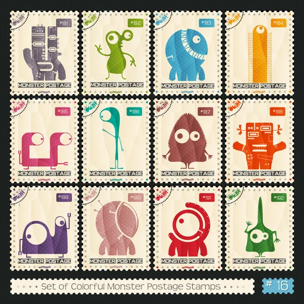 邮票和滑稽的颜色怪物 — 图库矢量图片