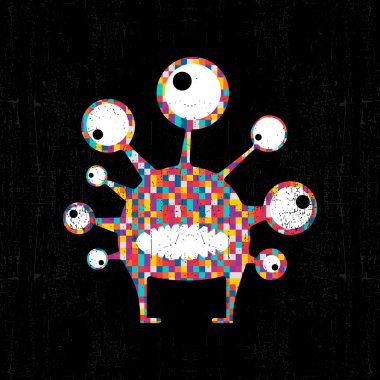 Siyah grunge arka plan üzerinde renkli piksel canavar.
