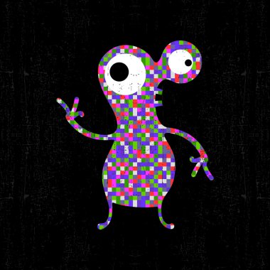 Grunge arka plan üzerinde renkli piksel canavar.