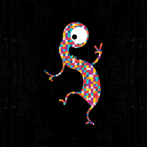 Colorful pixel monster on black grunge background. — Stock Vector