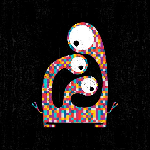 Colorful pixel monster on black grunge background. — Stock Vector