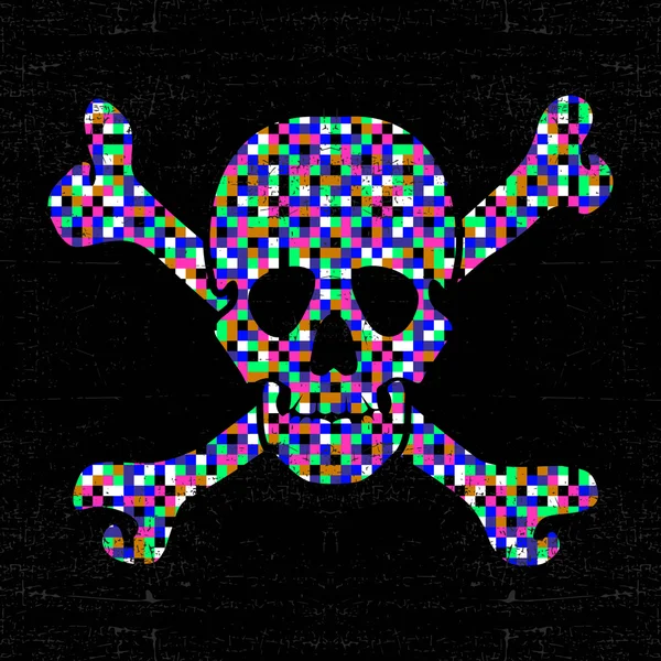 Colorful pixel skull on black grunge background. — Stock Vector