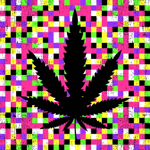 Cannabis leaf on grunge colorful pixel background. — Stock Vector