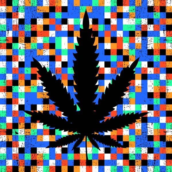 Cannabis leaf on grunge colorful pixel background. — Stock Vector