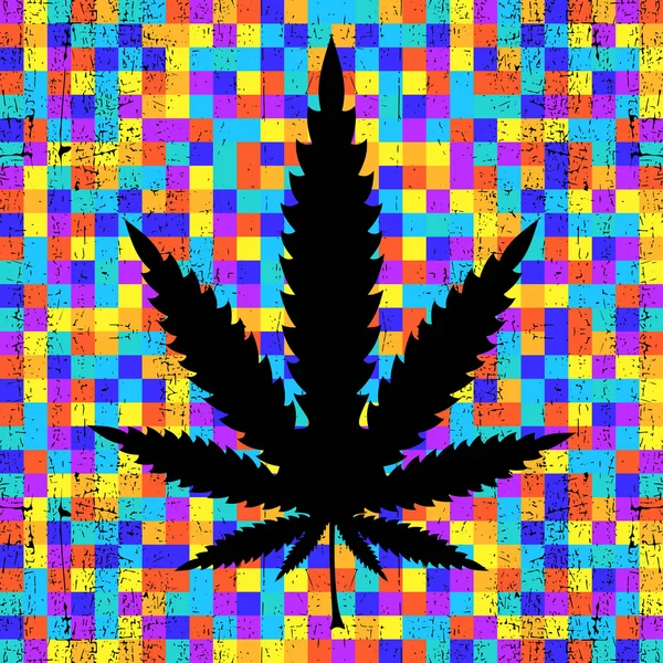 Feuille de cannabis sur fond de pixel coloré grunge . — Image vectorielle