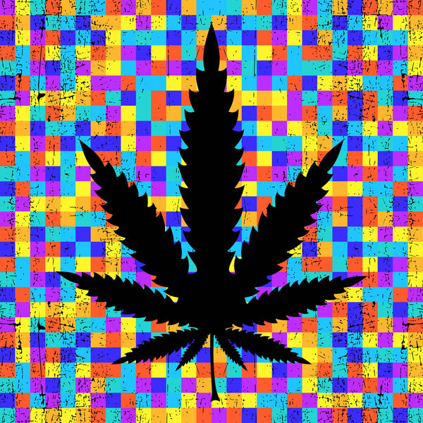 Cannabis leaf on grunge colorful pixel background.
