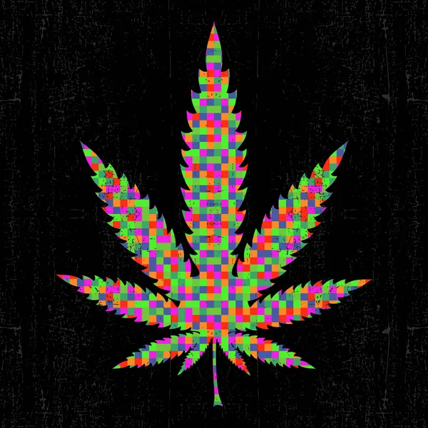 Cannabis daun piksel berwarna-warni pada latar belakang hitam grunge . - Stok Vektor