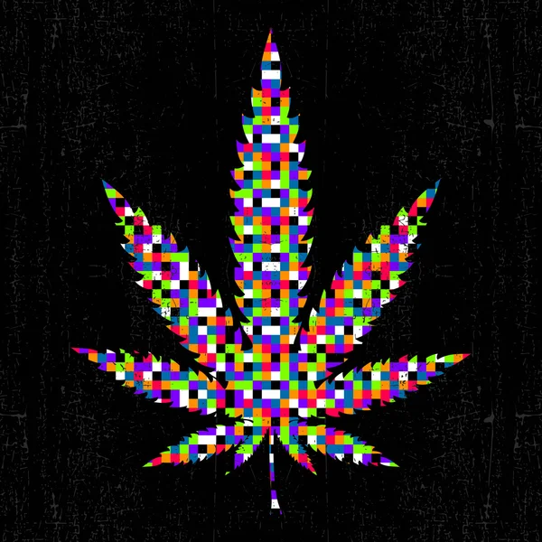 Cannabis kleurrijke pixel leaf op grunge zwarte achtergrond. — Stockvector