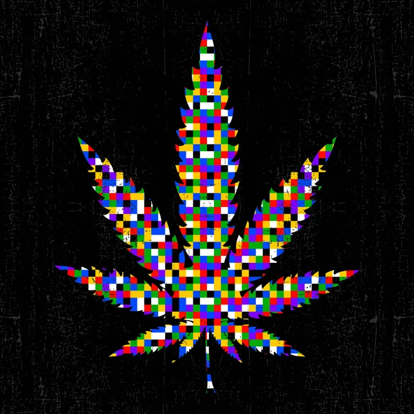 Cannabis buntes Pixelblatt auf schwarzem Grunge-Hintergrund. — Stockvektor