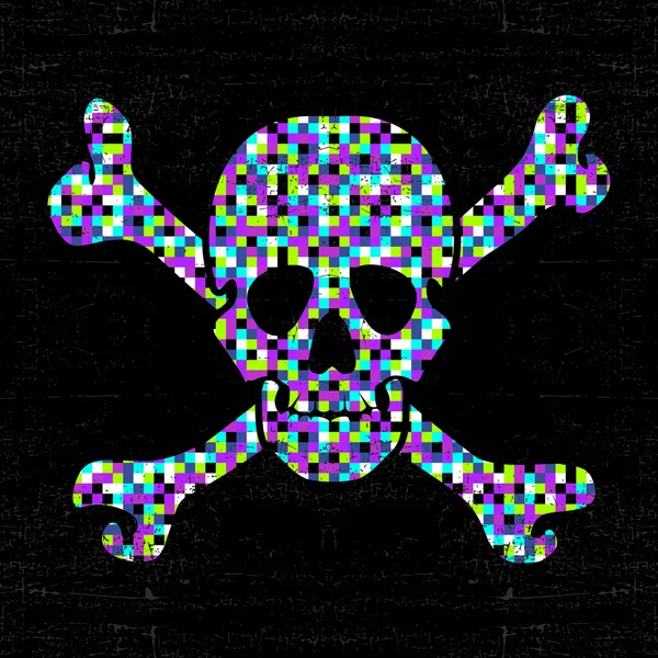 Colorful pixel skull on black grunge background. — Stock Vector