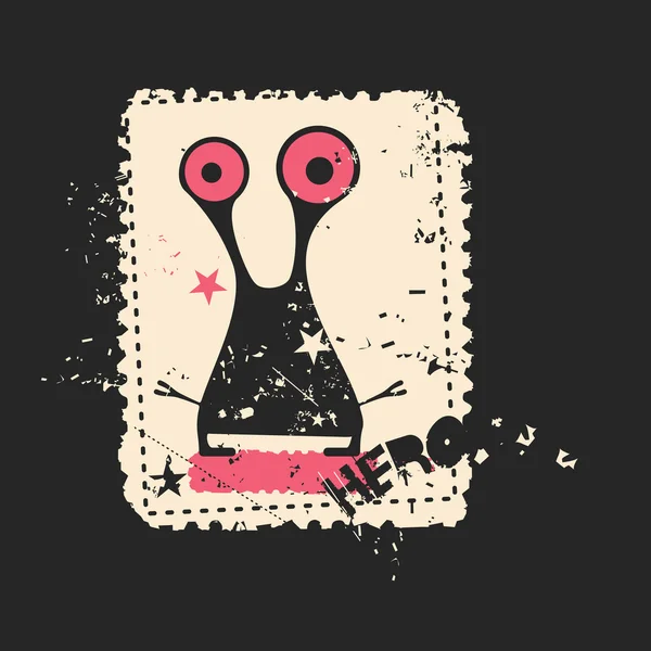 Schattig monster op retro grunge postzegel. — Stockvector