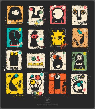 Retro posta pulu komik canavarlar ile kümesi.