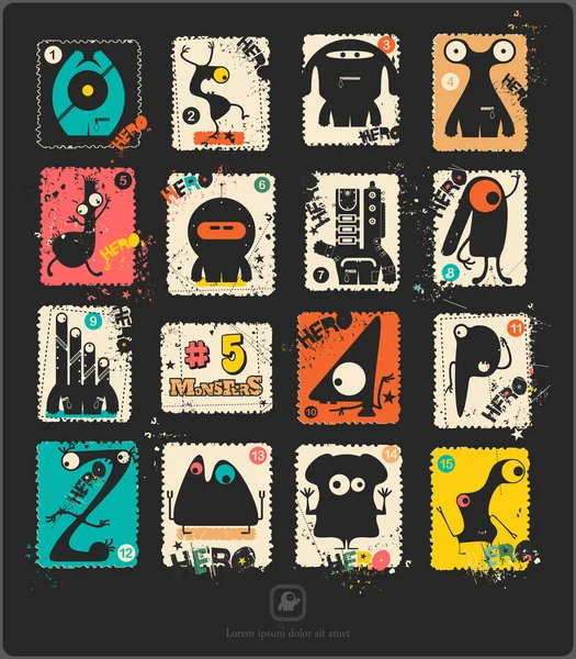 Set van retro postzegel met grappige monsters. — Stockvector