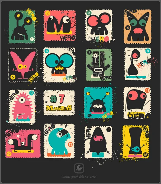 Conjunto de selo postal retro com monstros engraçados . —  Vetores de Stock