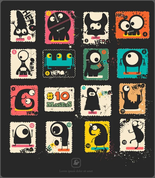 Serie von Retro-Briefmarken mit lustigen Monstern. — Stockvektor