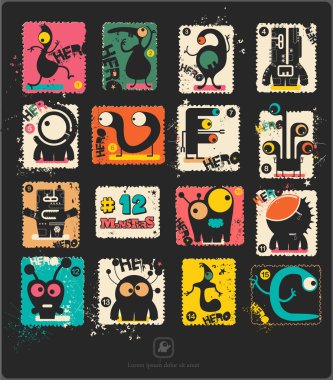 Retro posta pulu komik canavarlar ile kümesi.