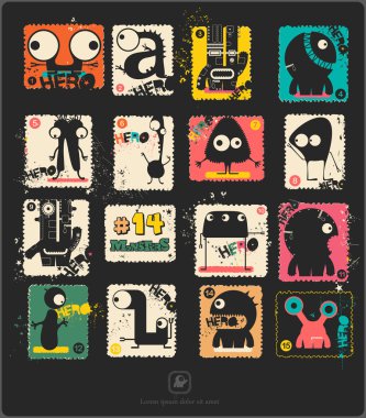 Retro posta pulu komik canavarlar ile kümesi.