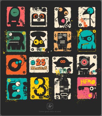 Retro posta pulu komik canavarlar ile kümesi.