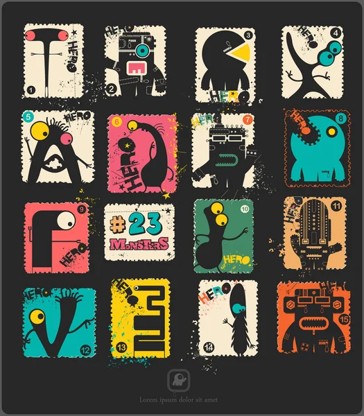 Conjunto de sello postal retro con divertidos monstruos . — Vector de stock