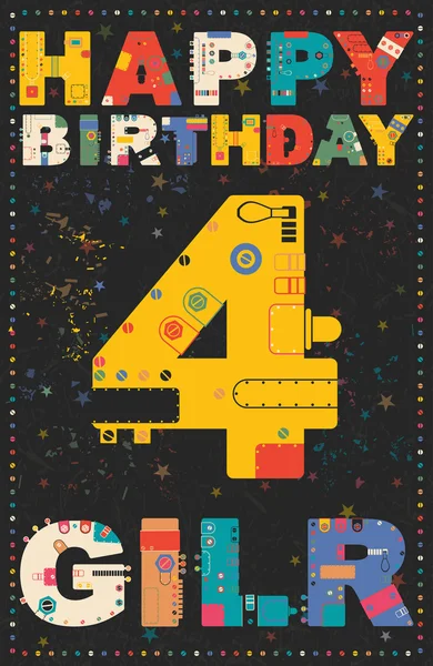 Grattis på födelsedagen-kort. Grattis på födelsedagen flicka 4 år. — Stock vektor