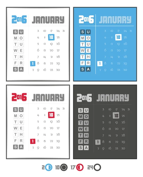 Calendrier 2016. Mois janvier . — Image vectorielle