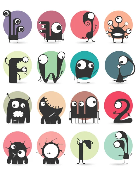 Set van 16 stickers met schattige monsters. Cartoon afbeelding. Vector set — Stockvector