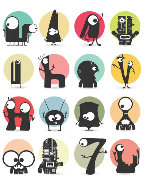 Set van 16 stickers met schattige monsters. Cartoon afbeelding. Vector set — Stockvector