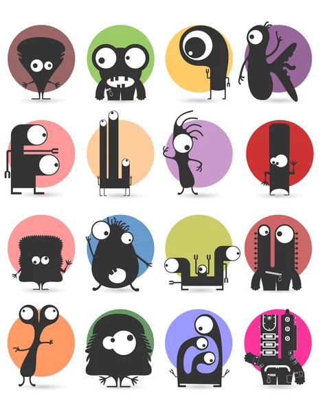 Set van 16 stickers met schattige monsters. Cartoon afbeelding. Vector set — Stockvector