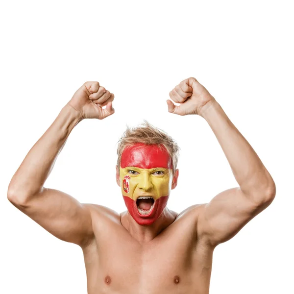 Football fan with spain flag painted over face — Stock Photo, Image