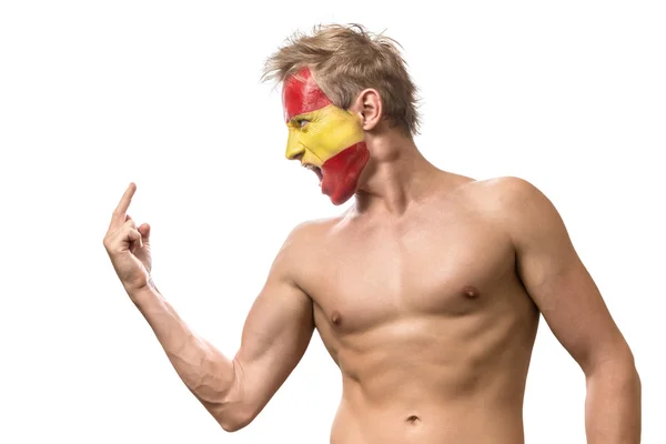 Football fan with spain flag painted over face — Stock Photo, Image