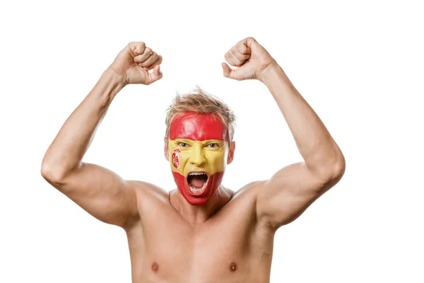 Football fan with spain flag painted over face — Stock Photo, Image