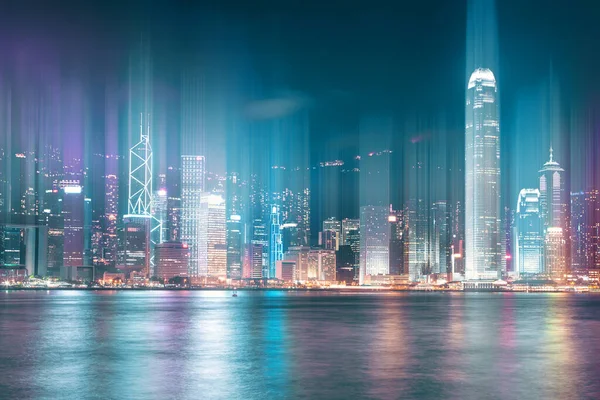 夜の抽象ビュー 香港シティラインとモーションライトトレイル — ストック写真