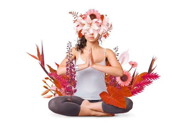 Abstrakte Kunst Design Der Jungen Frau Yoga Mit Blumen Den — Stockfoto