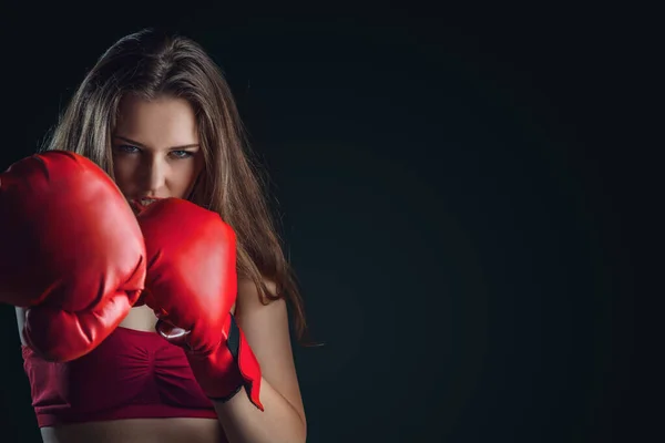 Young Woman Boxing Gloves Isolated Dark Background — ストック写真