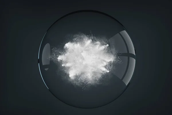 透明玻璃球体内黑暗背景下粉末或烟尘云爆炸的文摘设计 — 图库照片