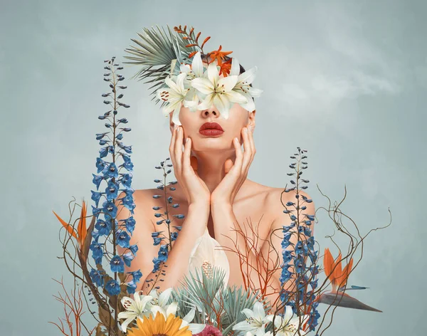 Streszczenie Współczesnej Sztuki Kolaż Portret Młodej Kobiety Kwiatami Twarzy Ukrywa — Zdjęcie stockowe