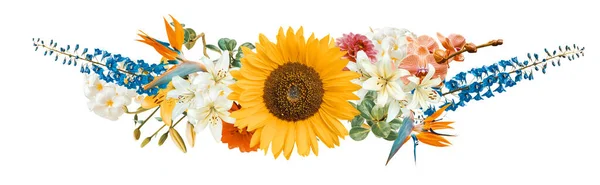 Wide Panoramic Design Flowers Arrangement Isolated White Background — Stock Photo, Image