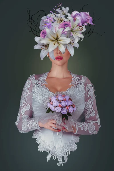 Retrato Colagem Arte Contemporânea Abstrata Mulher Jovem Com Flores — Fotografia de Stock