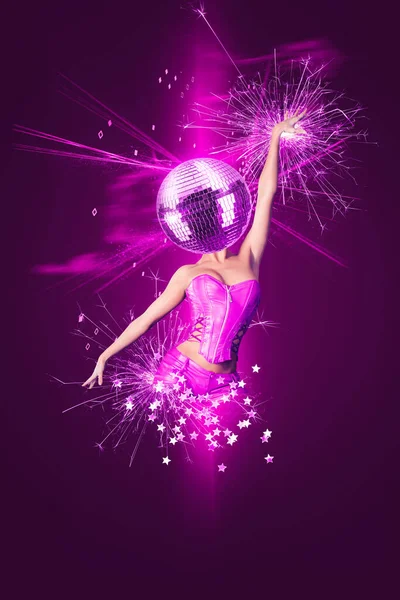 Modern Abstract Art Collage Woman Disco Ball Head Night Club — Stock Photo, Image