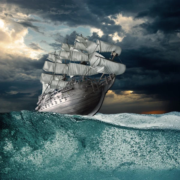 Sail ship in storm sea — Stock Photo, Image