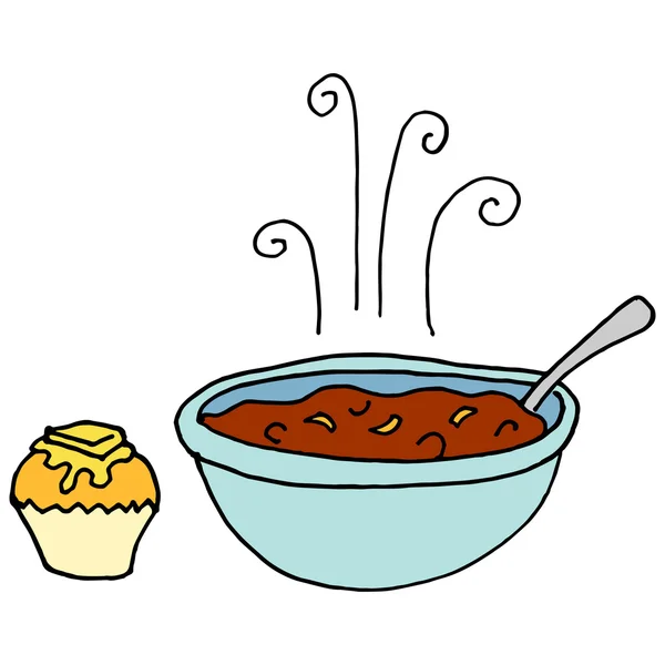 Ciotola di peperoncino e muffin cornbread — Vettoriale Stock