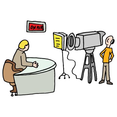 Newscaster reporting live in a studio clipart