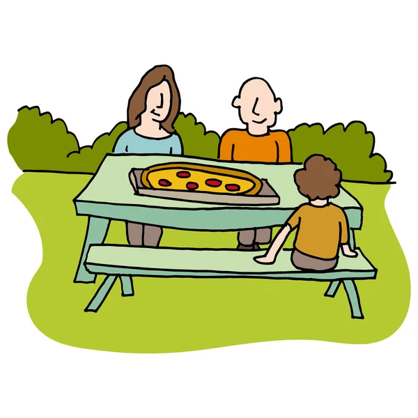 Famiglia mangiare pizza al tavolo da picnic — Vettoriale Stock